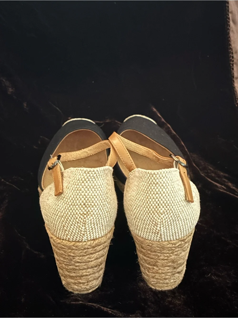 White Mountain Tan and Black Espadrille Wedge Sandals